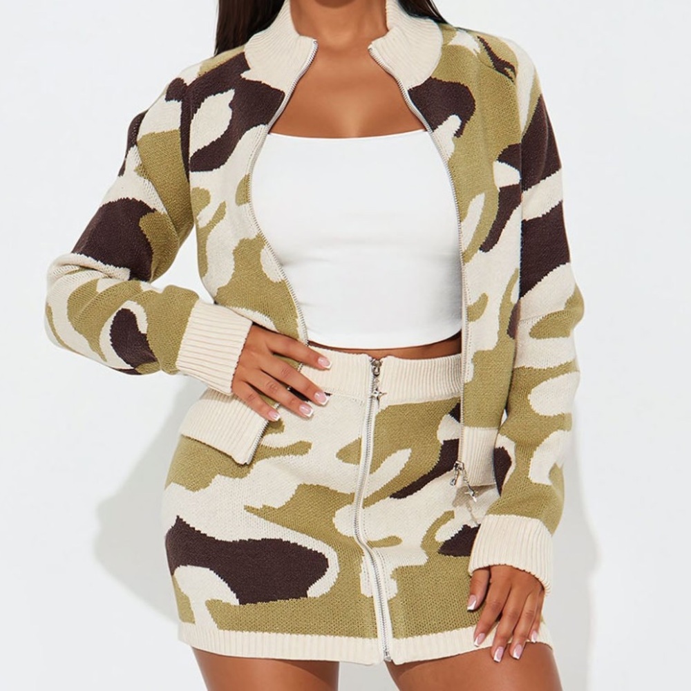 Green Army Fatigue Zip Sweater & Skirt Set